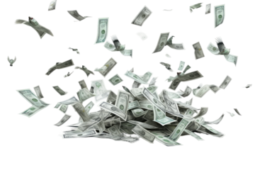 Money Flying Through the Air. On a White or Clear Surface PNG Transparent Background.