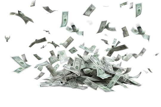 Money Flying Through the Air. On a White or Clear Surface PNG Transparent Background.