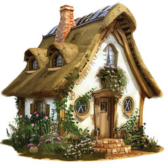 A charming cottage with a thatched roof and flower