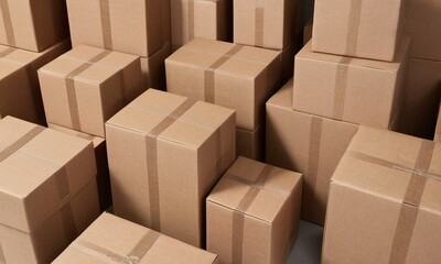 Cardboard boxes stacked in a warehouse, ready for shipment to customers.