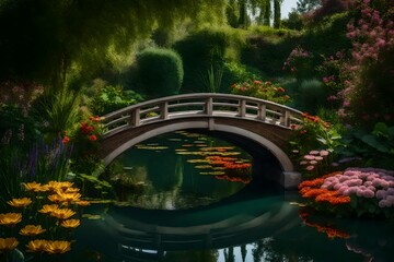 A pretty tiny bridge situated in a quiet garden, covered with vivid flowers, softly arched over a serene pond.