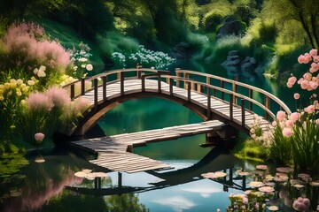 A pretty tiny bridge situated in a quiet garden, covered with vivid flowers, softly arched over a serene pond.