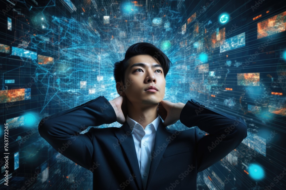 Poster tech analyst study cyber data chart from corporate system for statistical analytic defining marketin