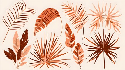 Set of exotic palm leaves of various shapes and sizes vector illustration on a light background. Tropical plants. Terracotta color plant collection in flat style. Elements for ecological design  - obrazy, fototapety, plakaty