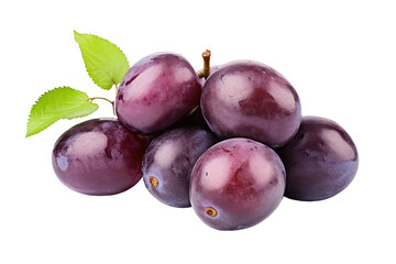 Fototapeta premium Plums and Leaves on White Background. On a White or Clear Surface PNG Transparent Background.