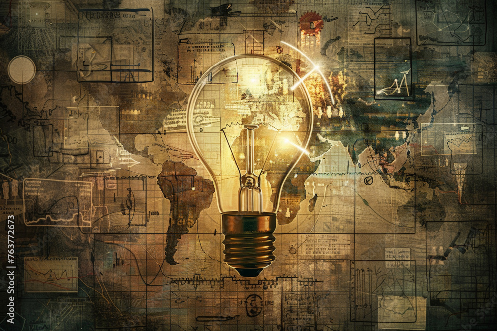 Poster illuminated lightbulb on world map background