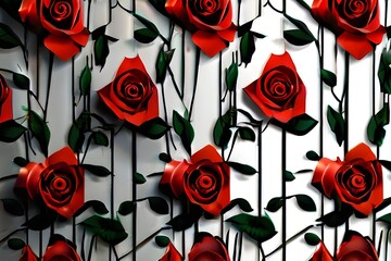 2d texture of branches with red roses and leaves, illustration background. 3d abstraction wallpaper for Interior mural painting wall art decor. Generative Ai.