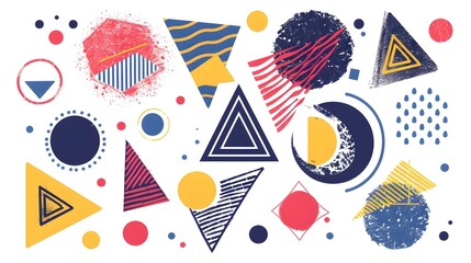 Obraz premium Set of isolated memphis style abstract shapes with geometric triangle and dots. Red and blue, yellow and violet texture made of shapes for minimalistic background. Template with geometric form