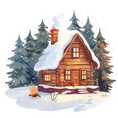 A cozy cabin in a snowy forest. clipart isolated on white