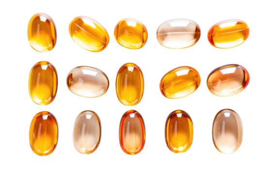 Array of Orange Pills in a Row. On a White or Clear Surface PNG Transparent Background.