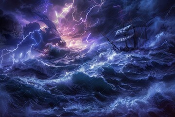 A dynamic wallpaper illustration showcasing a group of fearless sailor men navigating treacherous waters and battling ferocious sea monsters, with their trusty ship, Generative AI - obrazy, fototapety, plakaty