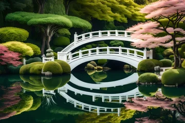 Schilderijen op glas An elegant mini bridge over a calm pond in a Japanese-inspired landscape, with meticulously manicured bonsai trees  © MB Khan