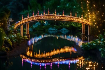 Obraz premium A charming little bridge over a mirrored pond embellished with fairy lights creates a lovely environment in a secret garden.