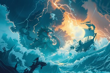 A dynamic wallpaper illustration showcasing a group of fearless sailor men navigating treacherous waters and battling ferocious sea monsters, with their trusty ship, Generative AI