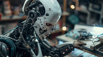 close up of a engine, A close-up of a robotics engineer assembling a humanoid robot in a workshop