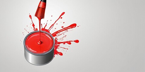 Paint can with red paint dripping on grey background.