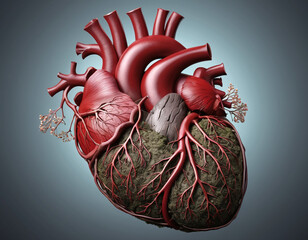 Naklejka premium Beautiful anatomic heart with nature leaves and flowers. heart health, healthy heart.