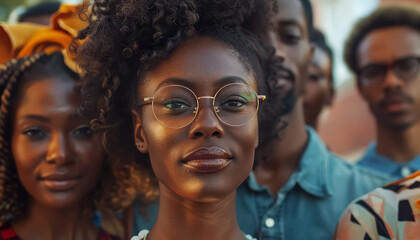 A woman with a red headband stands in front of a crowd of people