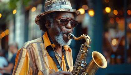 A man playing a saxophone on a street corner - obrazy, fototapety, plakaty