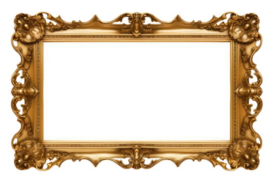 Ornate Gold Frame on White Background. On a White or Clear Surface PNG Transparent Background.