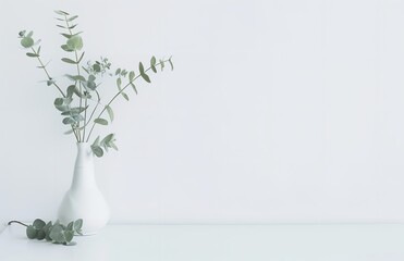 White vase with green leaves on it next to a wall  background on mothers day without text