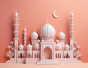 cute pink color mosque and moon miniature papercraft ramadan, eid, moslem and islamic design illustration