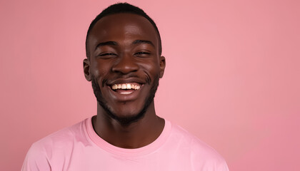 A man with a beard and a pink shirt is smiling
