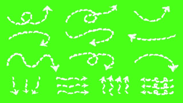 Set of white hand drawn style with crayon brush dotted line arrow animation green screen. Variety of doodle animated pointer. Popping charcoal arrows footage video. Freehand different sketch curved sw