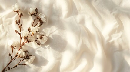 Cotton flower on white cotton fabric cloth backgrounds with copy space - obrazy, fototapety, plakaty