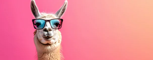 Foto op Canvas Funny Llama Wearing Sunglasses on Pink © kilimanjaro 