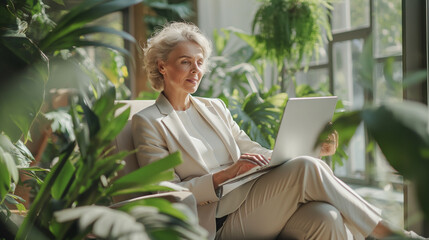 Elegant business woman in sunny office with green plants.