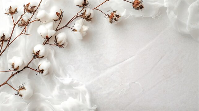 Cotton flower on white cotton fabric cloth backgrounds with copy space