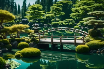 Rolgordijnen An lovely tiny bridge across a peaceful pond in a Japanese-inspired environment, with meticulously tended bonsai trees © MB Khan