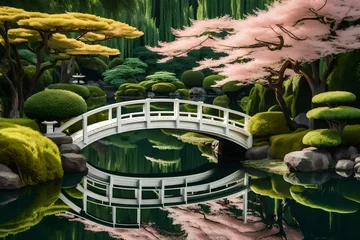 Fotobehang An lovely miniature bridge over a peaceful pond in a Japanese-inspired environment, with meticulously kept bonsai trees. © MB Khan