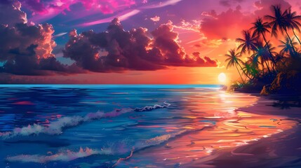 Sunset summer tropical beach with palm trees and sea. Nature landscape and seascape.