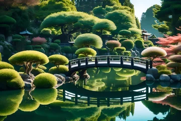 Fotobehang An lovely tiny bridge across a peaceful pond in a Japanese-inspired environment, with meticulously kept bonsai trees. © MB Khan