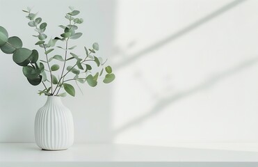 White vase with green leaves on it next to a wall  background on mothers day without text