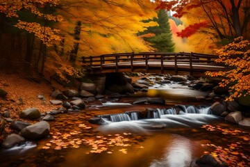 A lovely wooden bridge across a babbling creek, surrounded by vibrant autumn foliage, reflecting the essence of a fall day. 