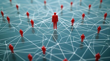 The red person is connected with employees by wide network of lines. At the center of a complex large system. Communication social. Cooperation, collaboration. Project leadership personnel management  - obrazy, fototapety, plakaty
