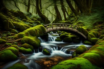 A tiny stone bridge over a trickling stream in a moss-covered woodland, creating a fairytale-like atmosphere in nature
