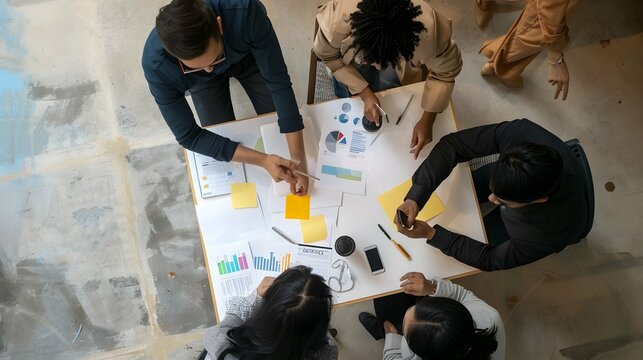 topview of creative agency business brain storm meeting presentation Team discussing roadmap to product launch, presentation, planning, strategy, new business development