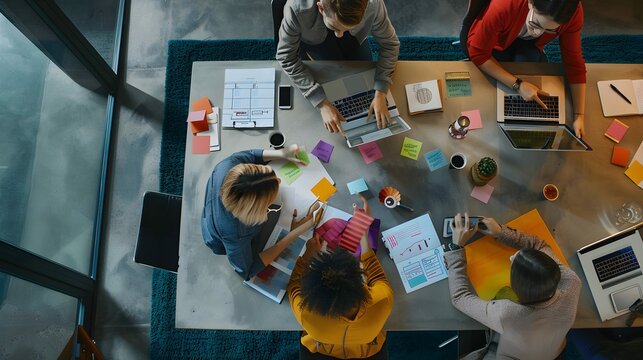 topview of creative agency business brain storm meeting presentation Team discussing roadmap to product launch, presentation, planning, strategy, new business development