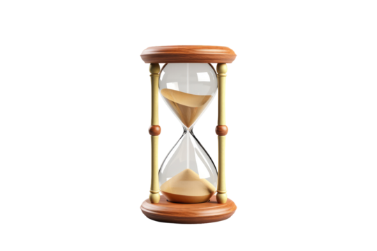 Wooden and Glass Hourglass With Running Sand. On a White or Clear Surface PNG Transparent Background.
