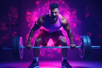 Fototapeta na wymiar muscular bodybuilder athlete at workout in futuristic gym, dark future cyberpunk, in style of purple and pink neon glow background, Young Male Athlete Training