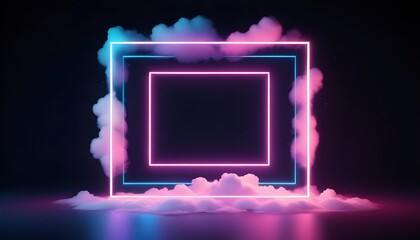 looping 3d animation. Abstract neon background with glowing square shape and spinning cloud. Blank geometric frame in the sky