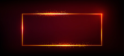 Sparkling golden frame isolated on red gradient background. Vector realistic illustration of shiny rectangular border with magic light and shimmering particles, game ui or banner design element