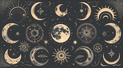 illustration set of moon phases. Different stages of moonlight activity in vintage engraving style. Zodiac Signs - obrazy, fototapety, plakaty