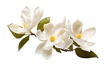 Three White Flowers With Green Leaves on a White Background. On a White or Clear Surface PNG Transparent Background.