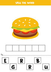 Spelling game for preschool kids. Cute cartoon burger.
