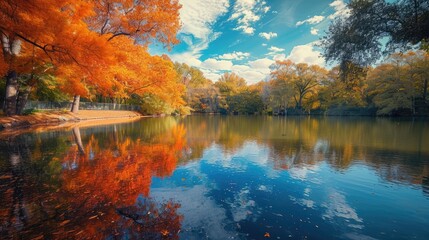 Vibrant fall foliage reflects on the still waters of a forest lake, creating a tapestry of autumn colors in a tranquil natural setting. Resplendent.